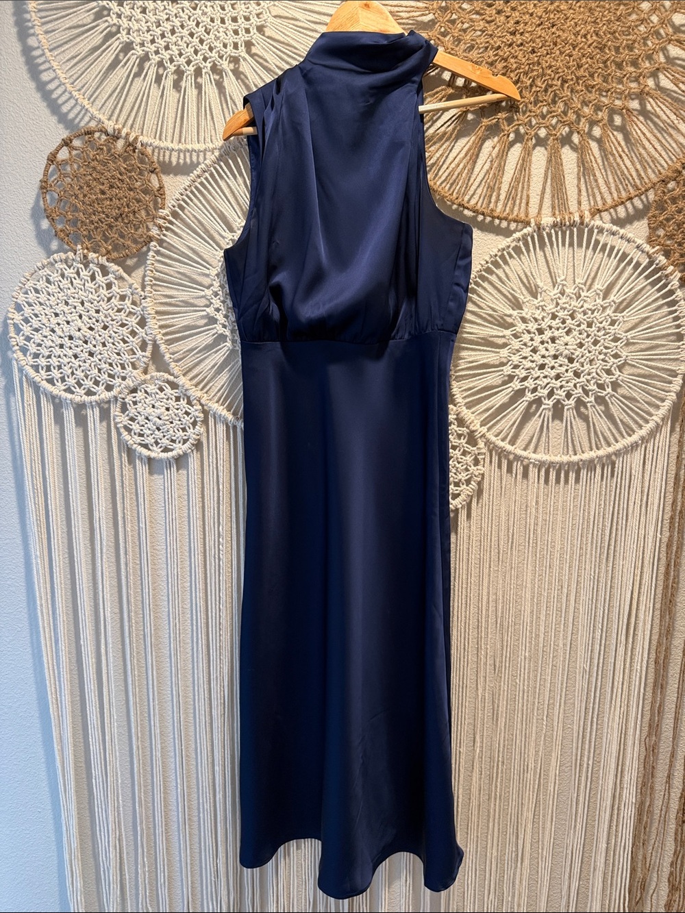 Lulu’s Navy Satin High-Neck Asymmetrical Midi Dress - Picture 5 of 6